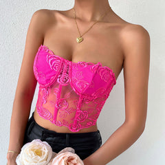 Embroidered Sheer Tulle Crop Corset Tube Top - Rose