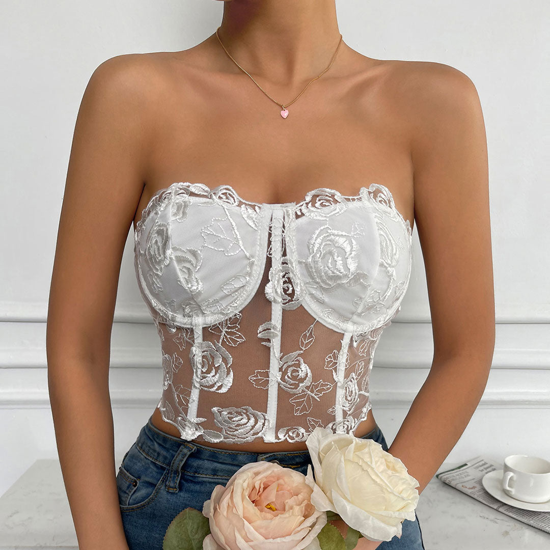 Embroidered Sheer Tulle Crop Corset Tube Top - White