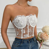 Embroidered Sheer Tulle Crop Corset Tube Top - White