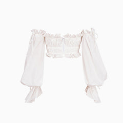 Ruffle Long Sleeve Ruched Off Shoulder Crop Top - White