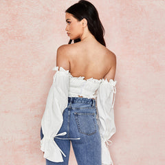 Ruffle Long Sleeve Ruched Off Shoulder Crop Top - White