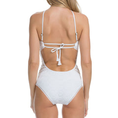 Lace Low Back High Neck One Piece Swimsuit - White