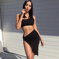 Cropped One Shoulder High Slit Skirt Matching Set - Black