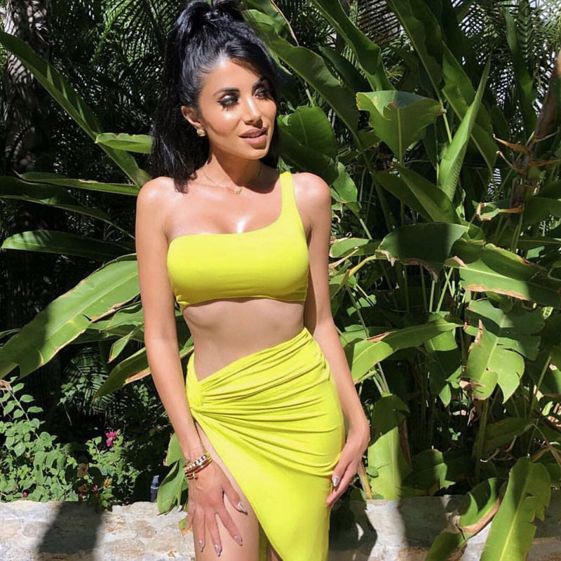 Cropped One Shoulder High Slit Skirt Matching Set - Yellow