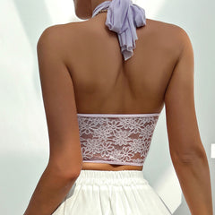 Gekreuztes Neckholder-Korsett-Top aus Spitze mit Blumenmuster und Netzstoff - Violett