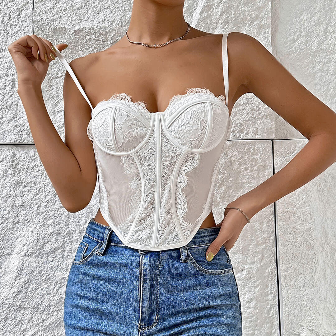 Eyelash Lace Underwire Bustier Corset Tank Top - White