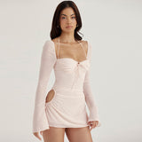 Halter Tie Strap Ruched Cut Out Club Mini Dress - Light Pink
