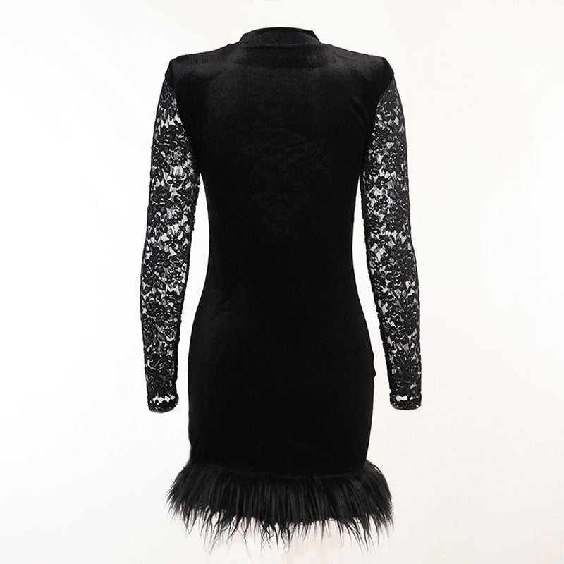 High Neck Long Sleeve Floral Lace Panel Trim Feather Mini Dress - Black