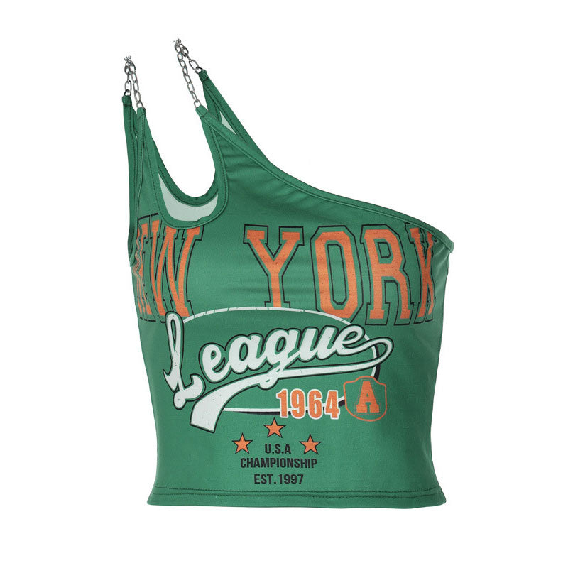 Letter Print Cut Out Chain Trim One Shoulder Crop Top - Green
