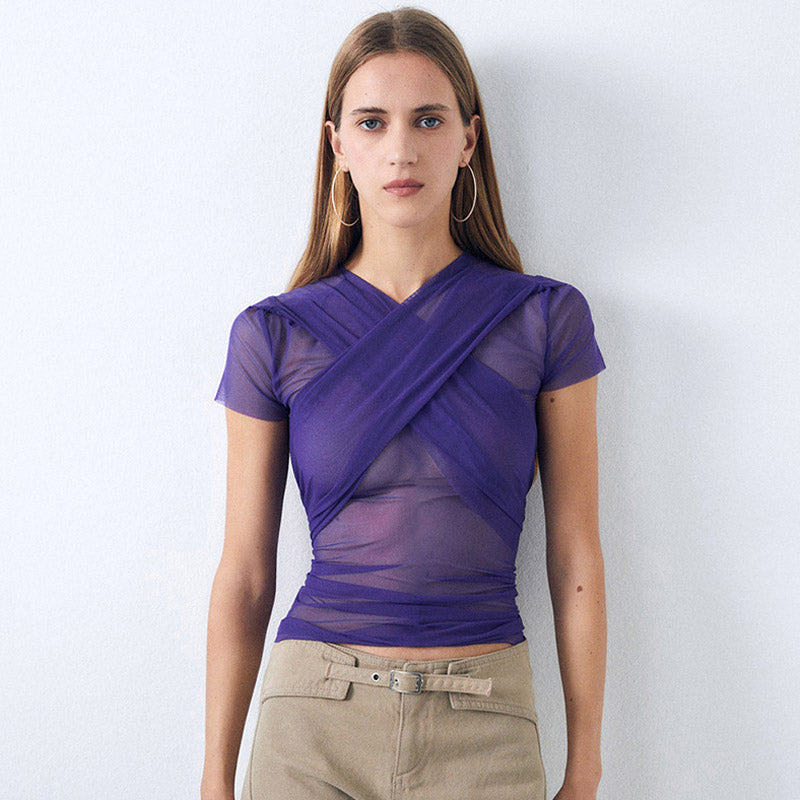 Lettuce V Neck Short Sleeve Wrap Tied Ruched Top - Purple