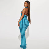 Striped High Neck Sleeveless Bodycon Maxi Dress - Blue