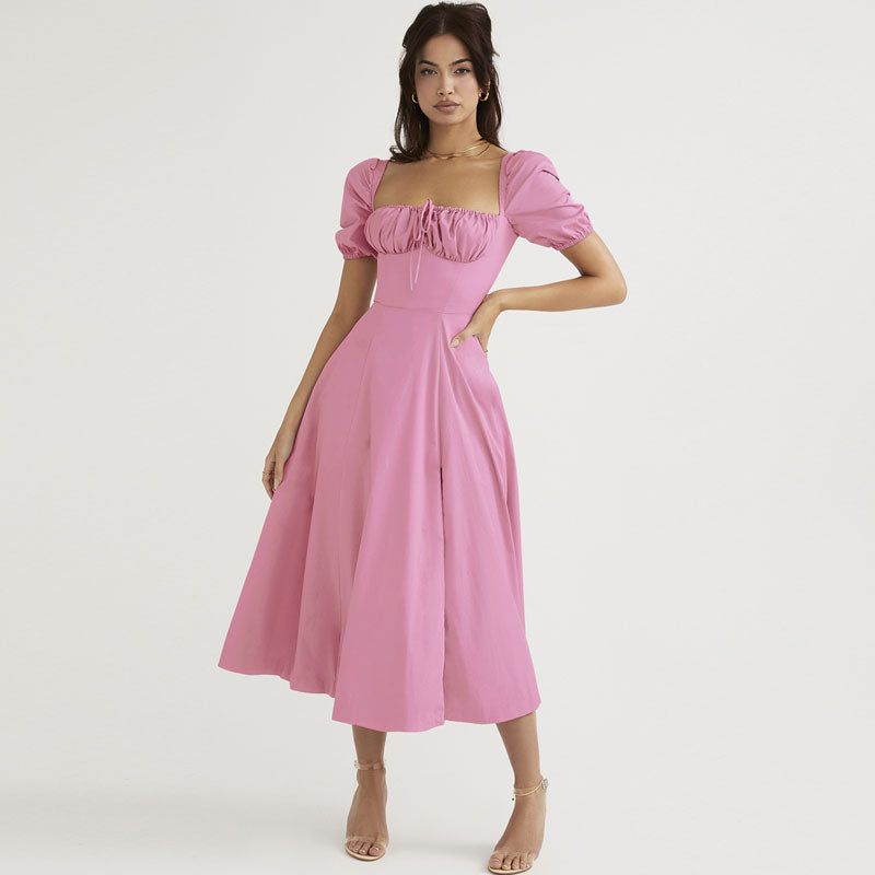 Puff Sleeve Tie Front High Split Off Shoulder Midi Sundress - Pink