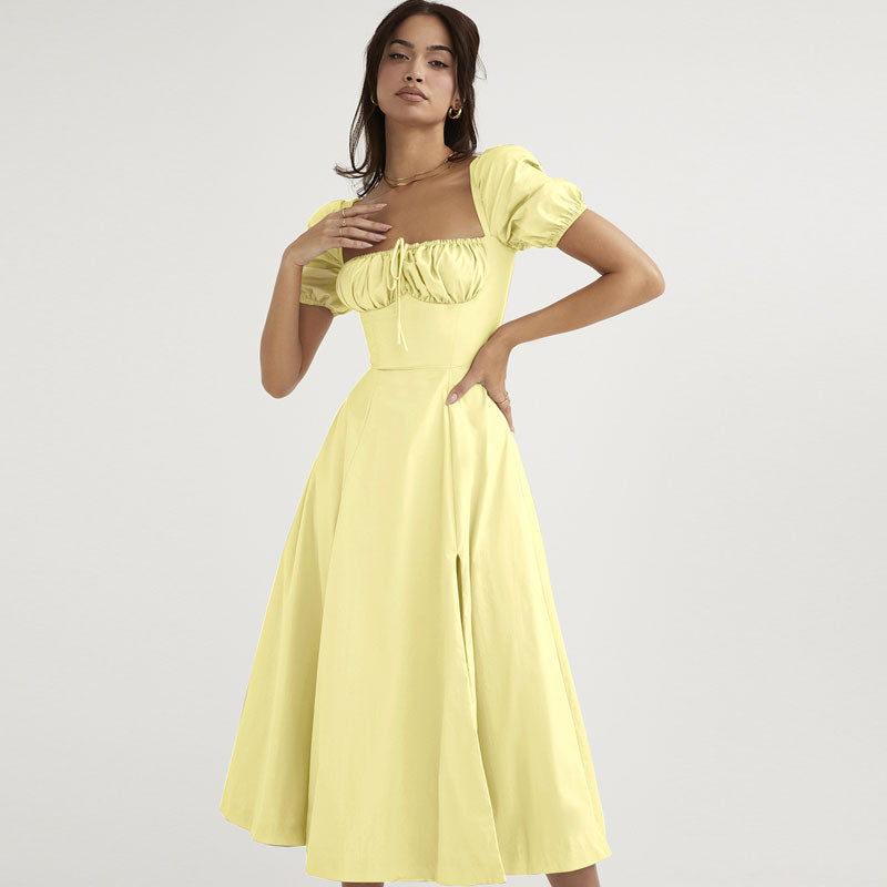 Schulterfreies Midi-Sommerkleid mit Puffärmeln und Bindeband vorn und hohem Schlitz - Gelb