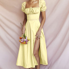 Schulterfreies Midi-Sommerkleid mit Puffärmeln und Bindeband vorn und hohem Schlitz - Gelb