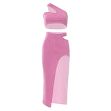 Ribbed One Shoulder Top High Waist Split Midi Skirt Matching Set - Pink