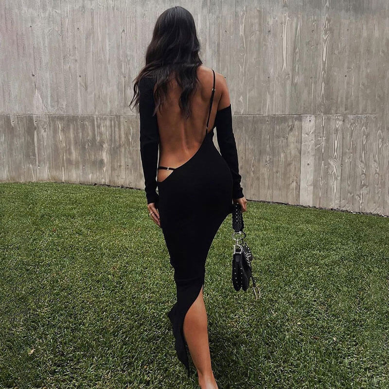 Ribbed Solid Color Cut Out Long Sleeve Backless Maxi Dress - Black
