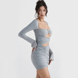 Ruched Cut Out Wrap Trim Long Sleeve Bodycon Party Mini Dress - Gray