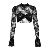 Ruched Mock Neck Flared Sleeve Flower Sheer Lace Crop Top - Black