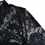 Ruched Mock Neck Flared Sleeve Flower Sheer Lace Crop Top - Black