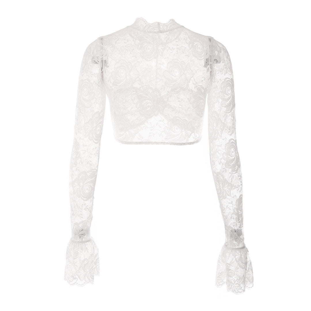 Ruched Mock Neck Flared Sleeve Flower Sheer Lace Crop Top - White