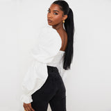 Ruffle Gathered Puff Sleeve Tie Bustier Crop Top - White