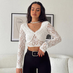 V Neck Long Sleeve Cropped Sheer Floral Lace Top - White