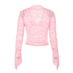 Sheer V Neck Flared Sleeve Lace Crop Top - Pink