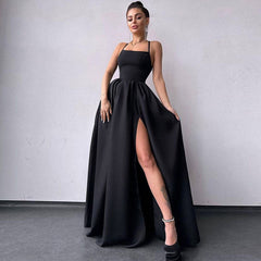 High Split Lace Up Back Sleeveless Prom Maxi Dress - Black