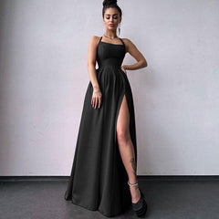 High Split Lace Up Back Sleeveless Prom Maxi Dress - Black