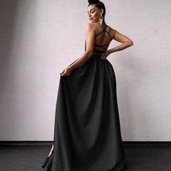 High Split Lace Up Back Sleeveless Prom Maxi Dress - Black