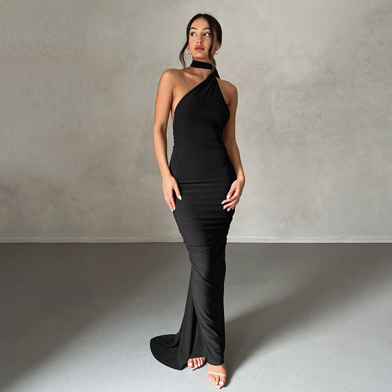 One Shoulder Ruched Backless Evening Maxi Dress - Black
