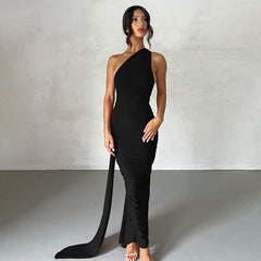 One Shoulder Ruched Backless Evening Maxi Dress - Black