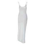 Ruched Floral Trim High Split Slip Maxi Dress - White
