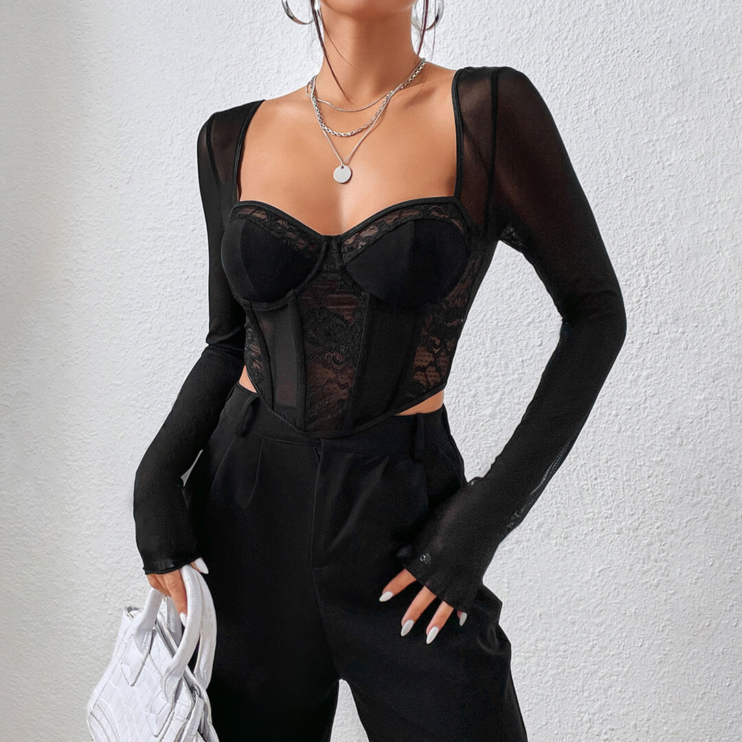 Long Sleeve Floral Lace Corset - Black