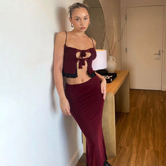 Tie Neck High Waist Layered Mesh Skirt Matching Set - Burgundy