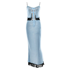 Tie Neck High Waist Layered Mesh Skirt Matching Set - Light Blue