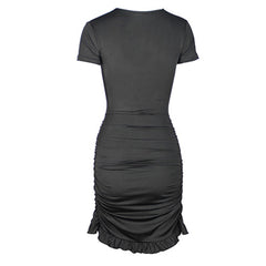 V Neck Floss Strap Ruched Bodycon Party Mini Dress - Black