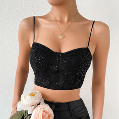 Shimmer Sweetheart Cami Transparent Pailletten Spitze Crop Korsett Top - Schwarz