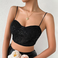 Top tipo corsé con encaje y lentejuelas transparentes con escote en forma de corazón Shimmer - Negro