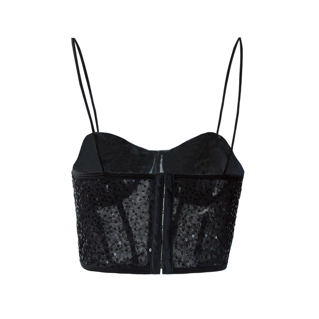 Shimmer Sweetheart Cami Sheer Sequin Lace Crop Corset Top - Black