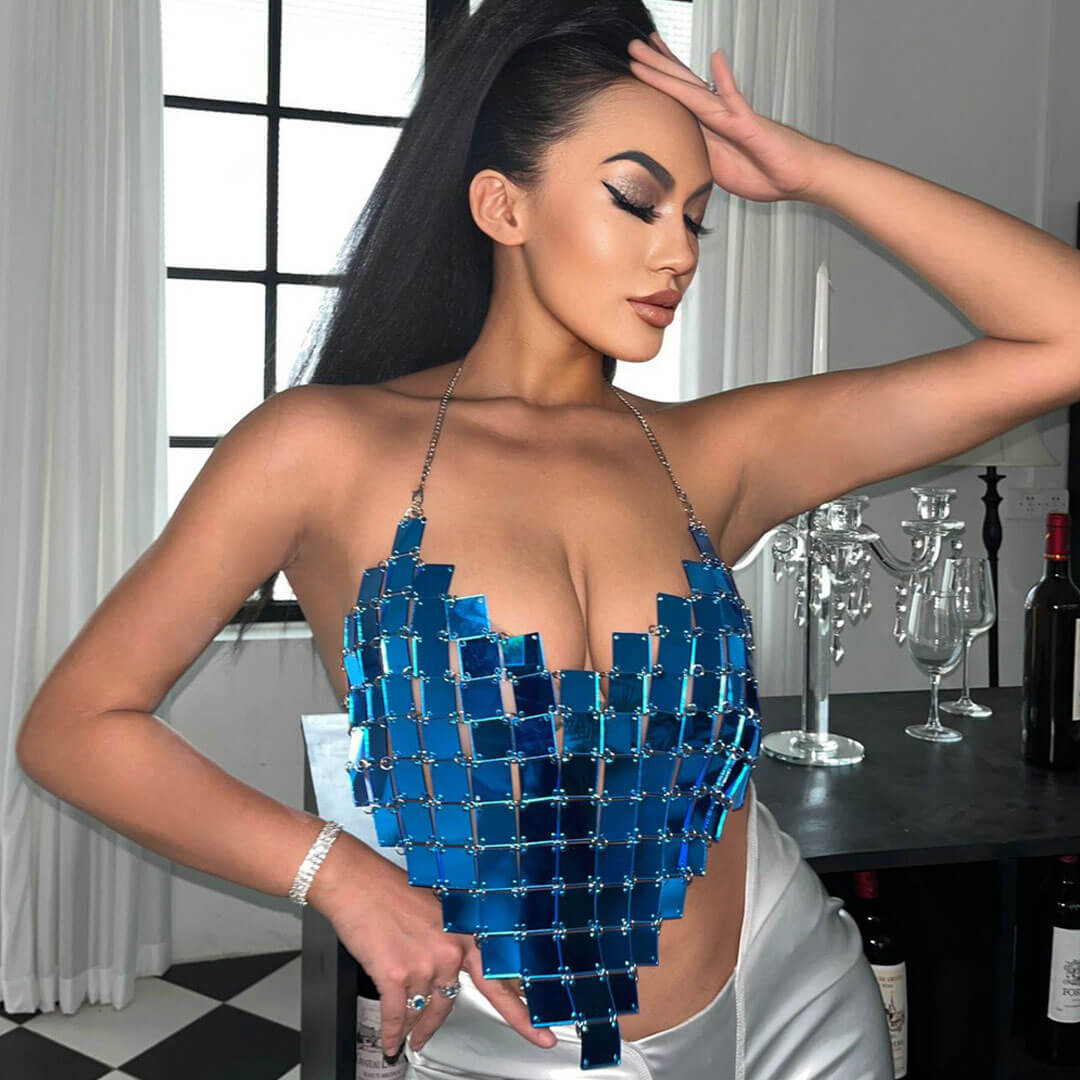 Sequin Curved Hem Backless Chainmail Halter Crop Top - Royal Blue