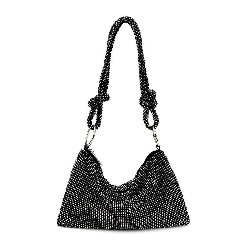 Crystal Embellished Knot Trim Shoulder Party Bag - Black