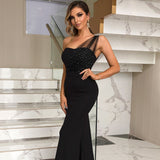 Mesh Panel One Shoulder Fishtail Trim Evening Maxi Dress - Black