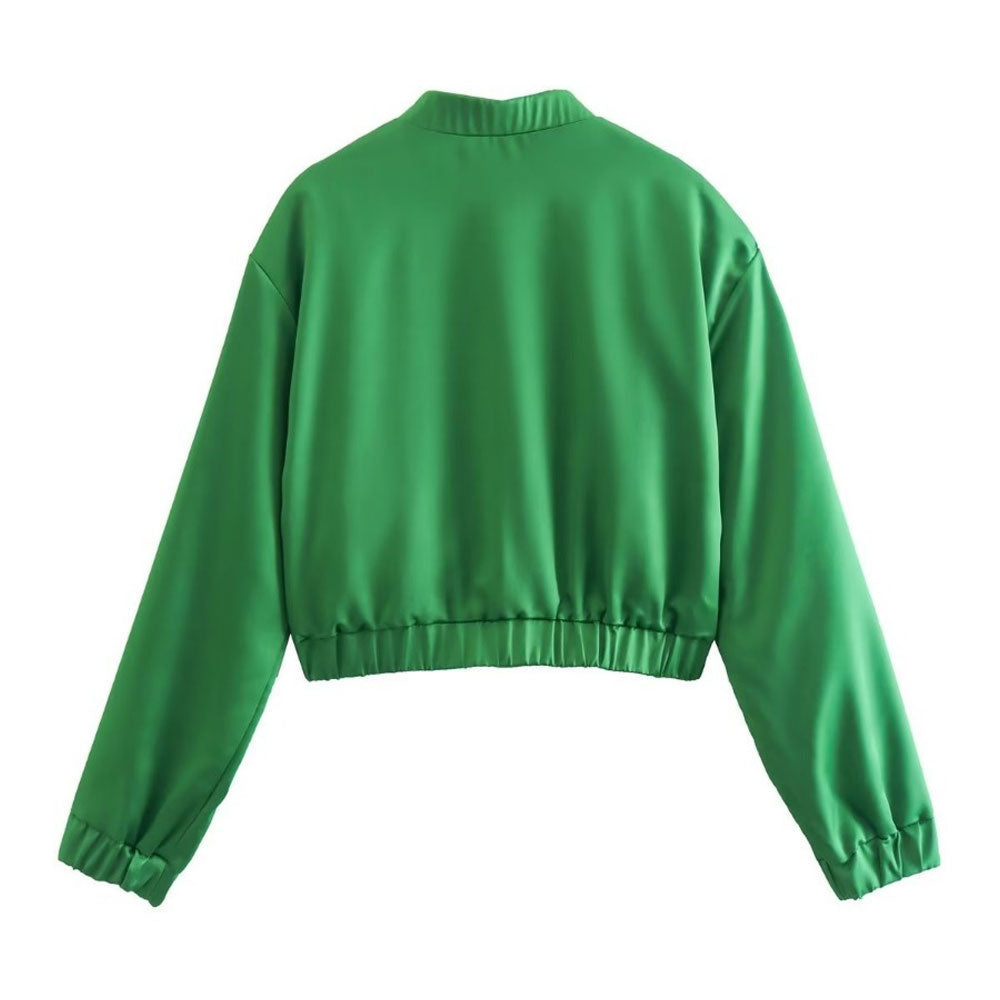 Mock Neck Button Up Long Sleeve Bomber Jacket - Emerald Green