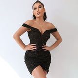 Ruched Wrap Trim Off Shoulder Bodycon Party Mini Dress - Black