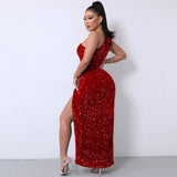 One Shoulder Gown Maxi Dress - Burgundy
