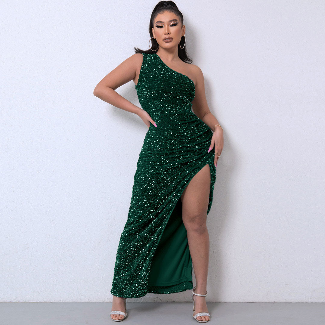 One Shoulder Gown Maxi Dress - Emerald Green