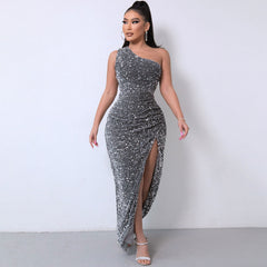 One Shoulder Gown Maxi Dress - Dark Gray