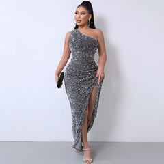 One Shoulder Gown Maxi Dress - Dark Gray