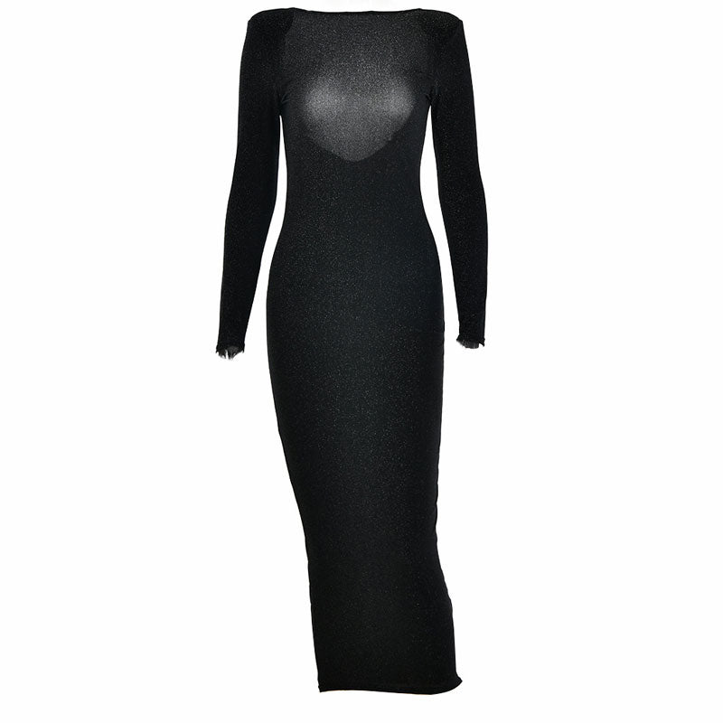 Long Sleeve Open Back Cocktail Midi Dress - Black